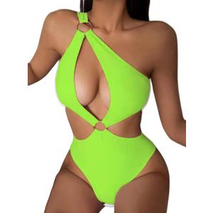Hilinker Women's Sexy Ring Front Cut Out One Piece Swimsuit One Shoulder Bathing Suit LightGreen Small