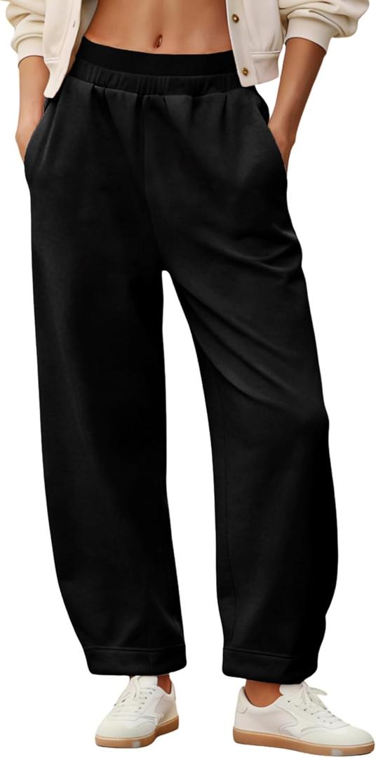 Springrain Womens Barrel Sweatpants High Waisted Wide Leg Pants Casual Cotton Lounge Trousers with Pockets, Black, Large