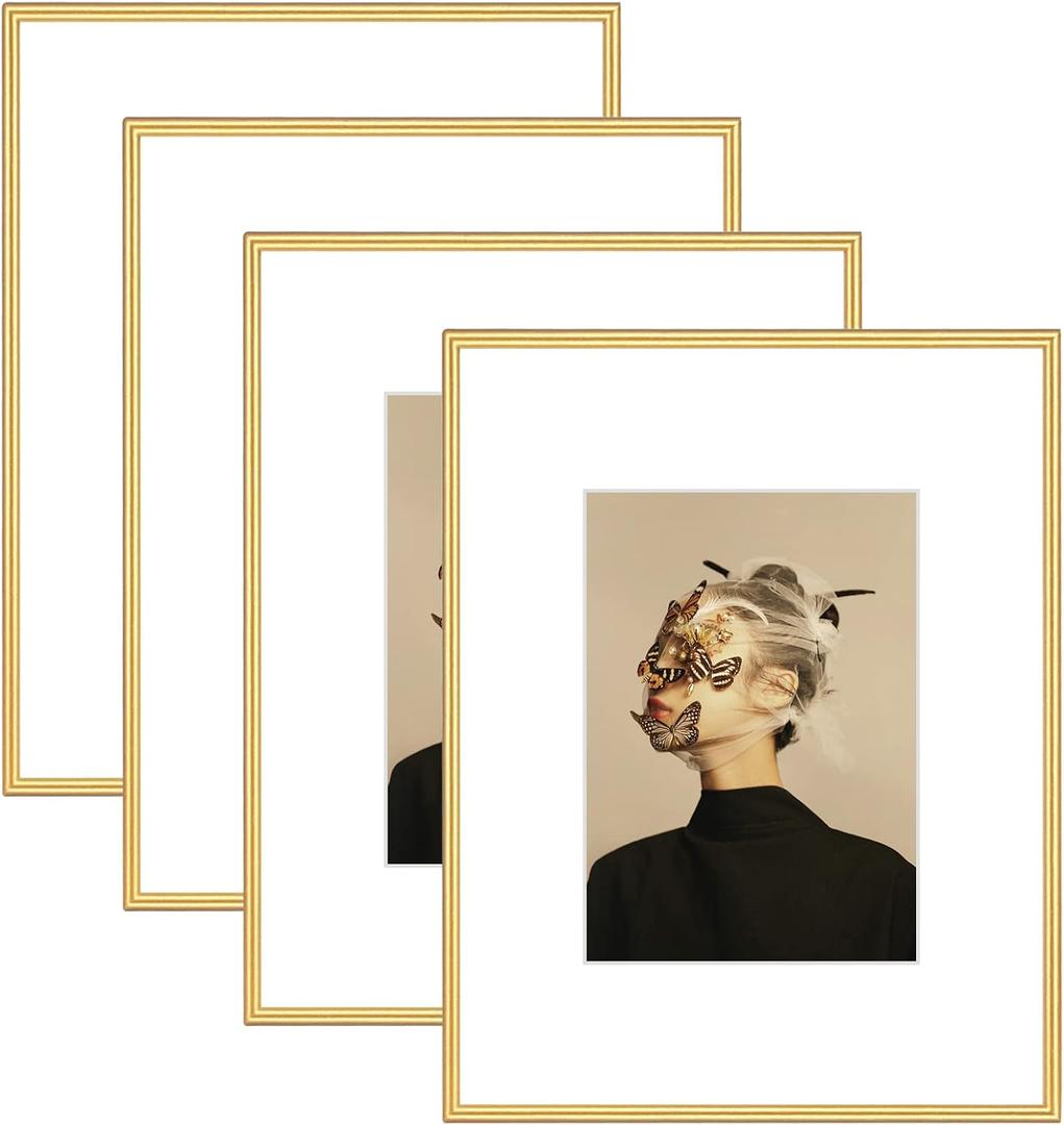 8.5x11 Picture Frame Set of 4, Matted Gold Simple Modern Brushed Thin Aluminum Metal Photo Frame Fits 5x7 with Mat or 8.5 x 11 without Mat Vertical and Horizontal for Tabletop and Wall Mounting