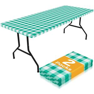 Smiry Picnic Table Cloth 2 Pack, Waterproof Elastic Fitted Tablecloths for 8FT Rectangle Tables, Washable Polyester Buffalo Plaid Tablecloth for Camping, Dining & Outdoor (Green & White, 30" x 96")