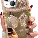 Glitter Kickstand Case for iPhone 15 Plus,Cute Bling Sparkly Rhinestones Butterfly with Foldable Stand Elegant Mirror Back Shockproof Protective Case for Women Girls for iPhone 15 Plus, Pink