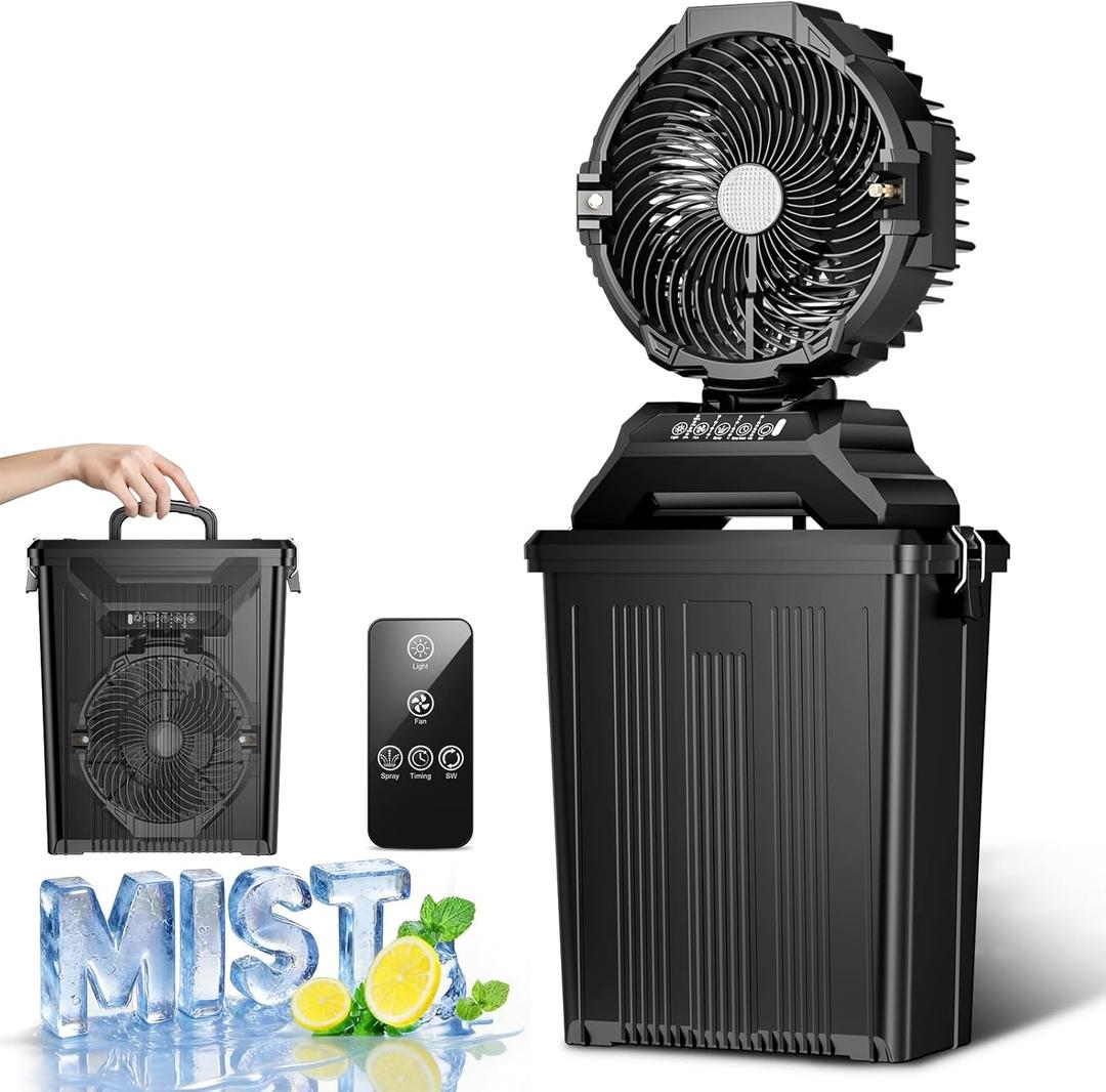 Portable Misting Fan for Outside,40000mAh Rechargeable Camping Mister Fan,15L Cooling Fan with Remote,Ice Fan with 4 Spray Speeds,4 Misting Modes,3 Light Modes for Garden/Camping/Party/Fishing