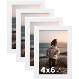 KINLINK 4x6 Picture Frame White Set of 4, Wooden Photo Frames with Plexiglass for 4x6 without Mat for Table and Wall Display