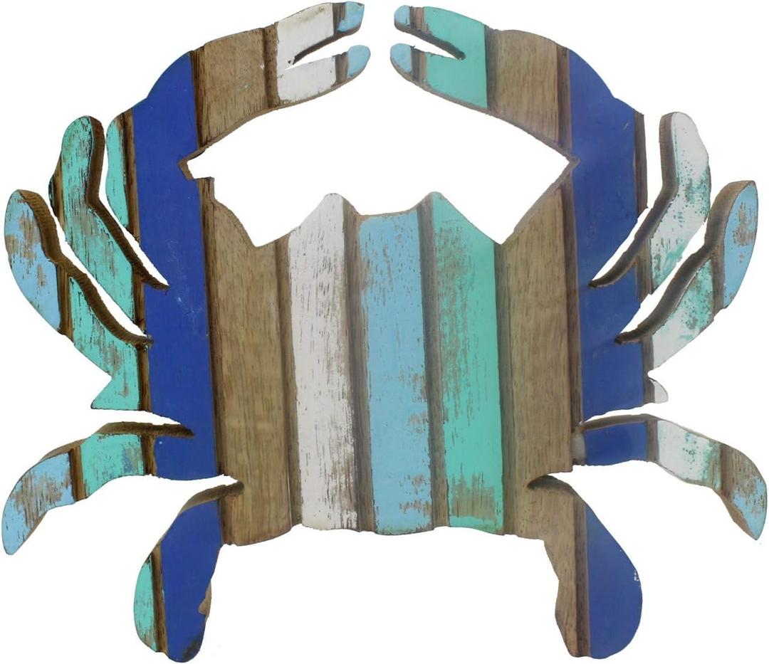 Beachcombers 7" Wood Crab Blue Stripe Figure Coastal Beach House Decor Decoration Blue