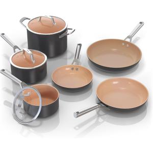 Ninja Pots and Pans Set Non Stick | Extended Life Premium Ceramic Cookware Set | 9-Piece Nonstick | PTFE Free | Oven Safe to 550F | Induction Compatible | Frying Pan x3 | Cooking Pot x3 | CW99009