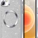 Hython for iPhone 12 Case Glitter, Clear Magnetic Phone Cases with Camera Lens Protector [Compatible with MagSafe] Bling Sparkle Plating Soft TPU Slim Shockproof Protective Cover Women Girls, Silver