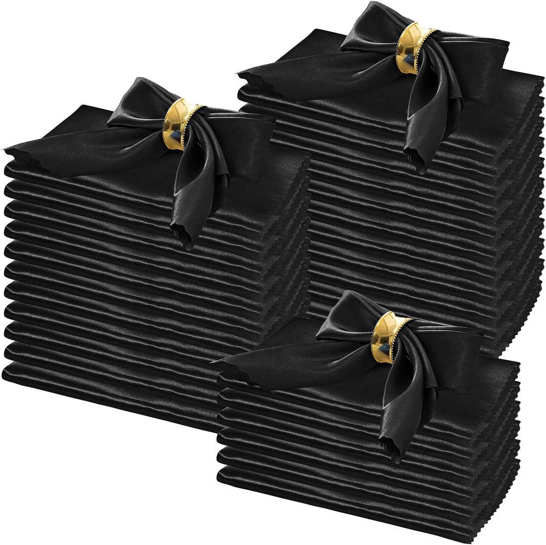 Horbaunal 100 Pack Satin Napkins 17" x 17" Square Dinner Napkins with Floral Edges, Soft Cloth Napkins for Parties, Weddings, Events, Black