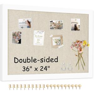 Double-Sided Large Cork Board with Linen, 36" x 24" Hanging Wood Framed Bulletin Board, Picture Display Vision Board Corkboards for Wall Room School Office Decor, 20 Pushpins,1pack (Cork+beige - 1pcs)