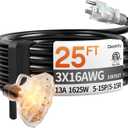 25 ft 16/3 Awg 3 Outlet Extension Cord Splitter with Indicator, Waterproof Outdoor Extension Cord with Multiple Outlets, 13A 1625W for Home & Workshop, ETL Listed, Black SJTW