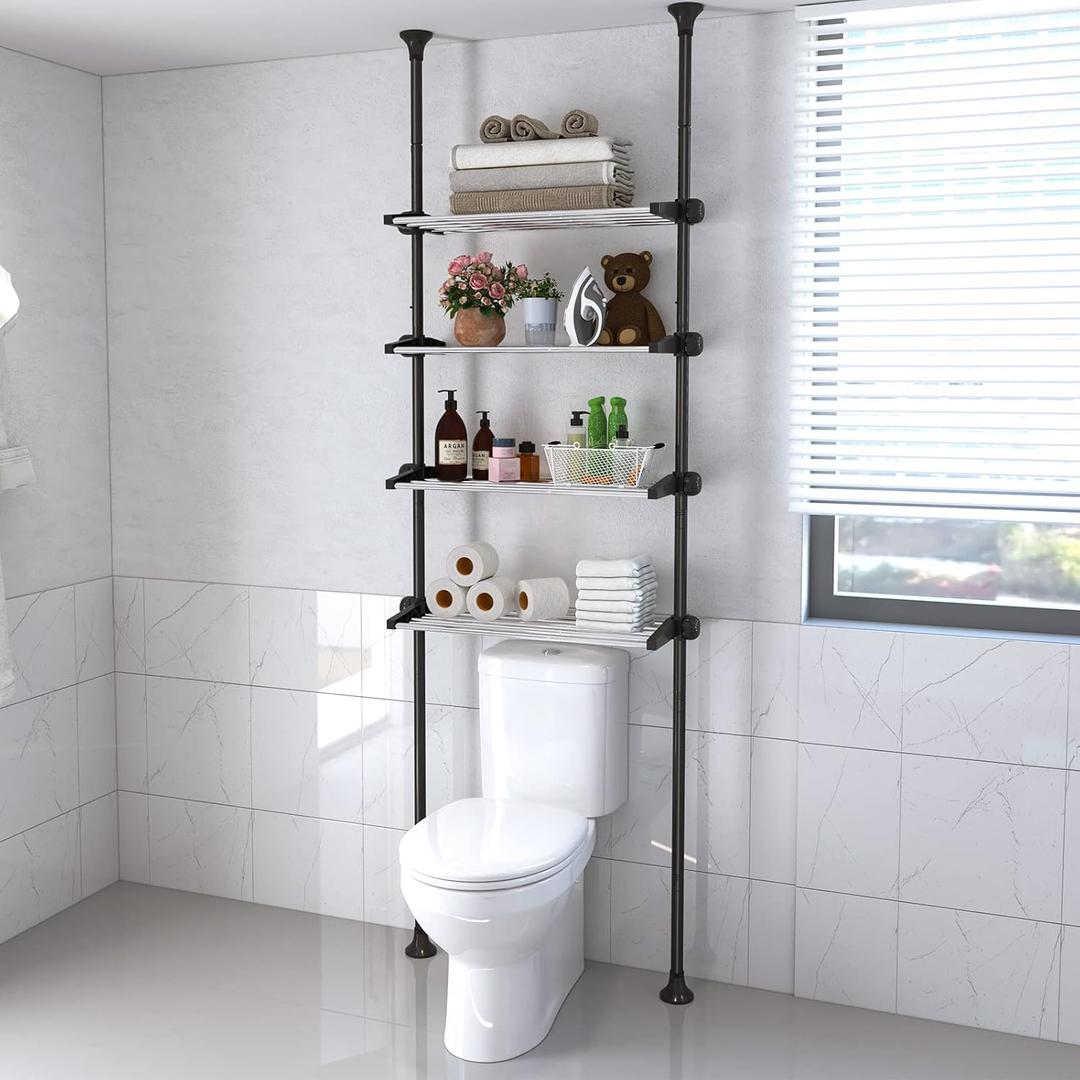 Lilyvane 4 Tiers Over Toilet Storage, 97 to116 Adjustable Tension Pole Over Toilet Bathroom Organizer, Standing Bathroom Shelves Over Toilet for Showers,Black