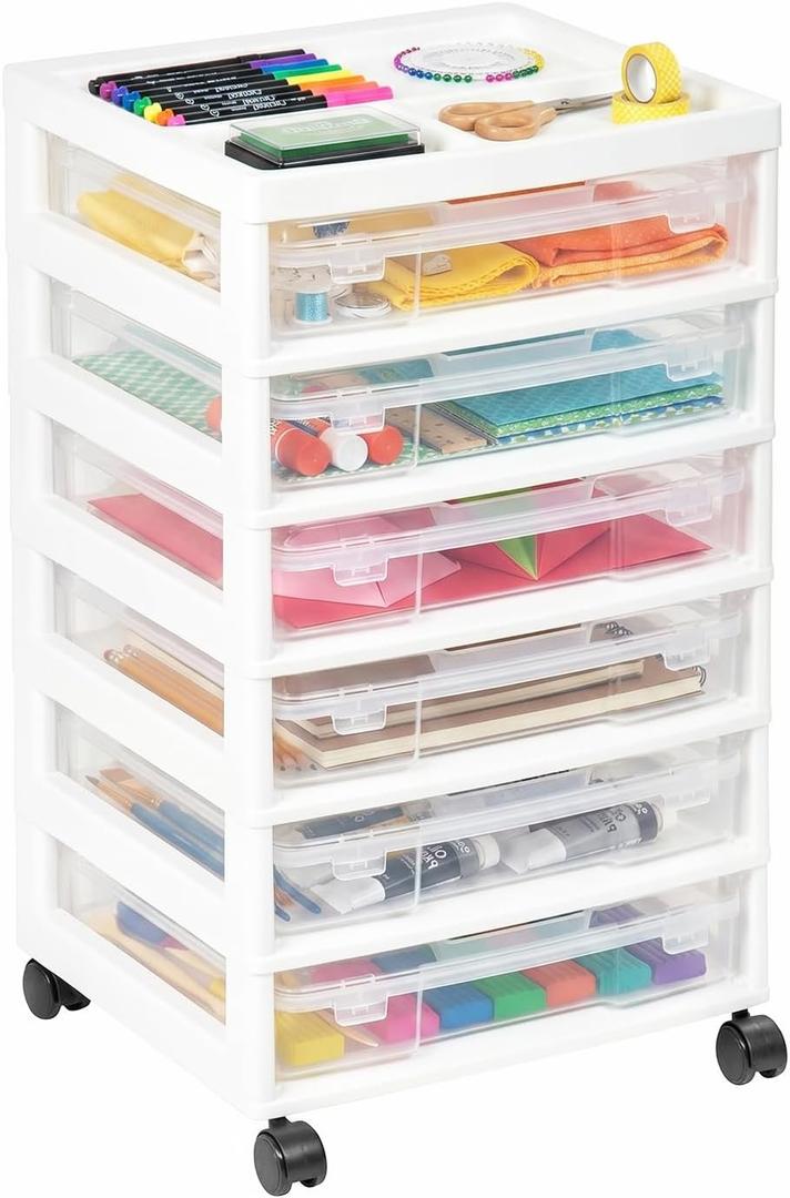 novelinks Rolling Storage Cart, 6-Tier, for 12" x 12" Paper & Scrapbook SuppliesWhite, 6 Clear Cases & Built-in Handles, Holds Yarn, Vinyl, Stationery, Art, Craft, and Office Tools