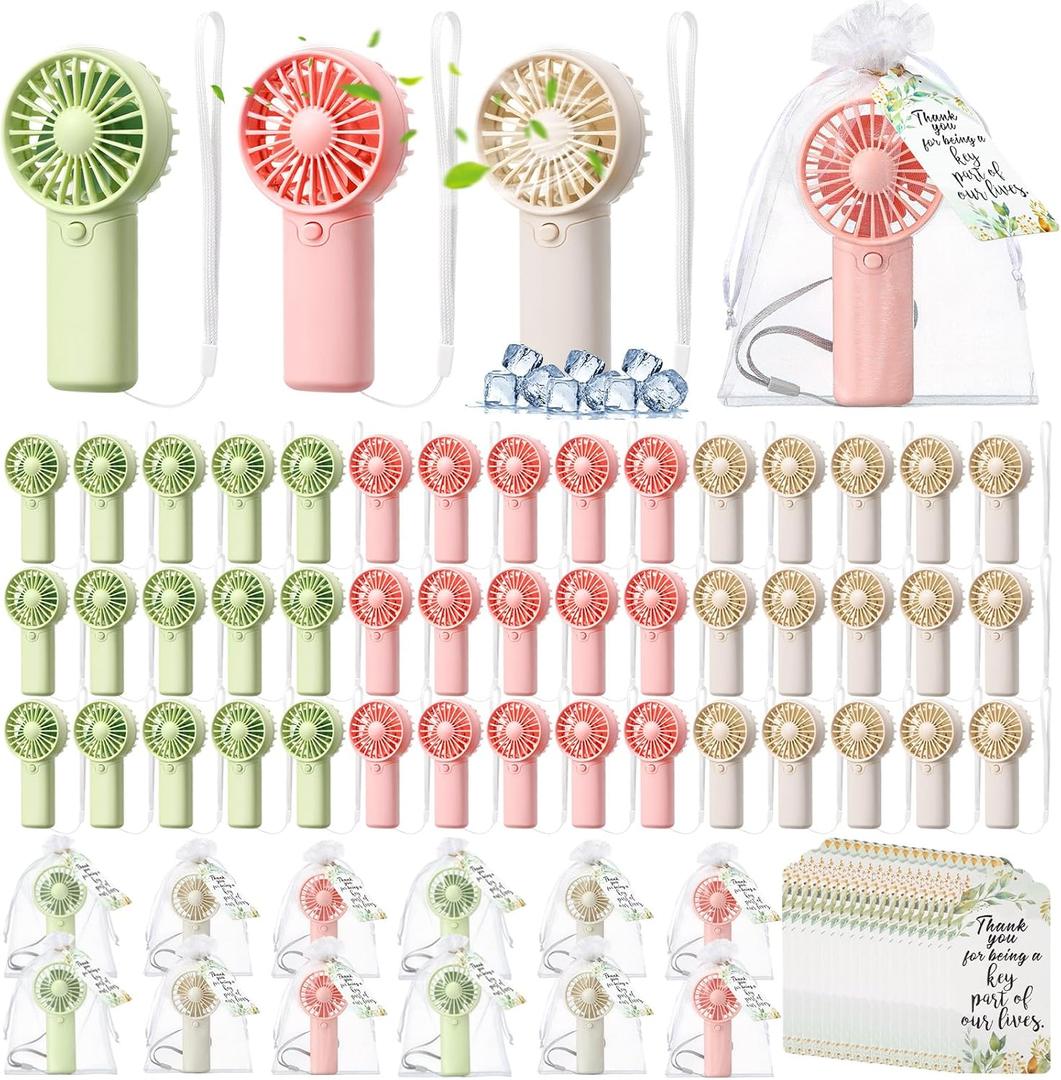 50 Set Wedding Mini Handheld Fans for Guests Bulk, Portable Battery Operated Small Cooling Fans with Thank You Cards & Organza Bags, Perfect for Summer Outdoor Bridal Shower Party Favors (Color)
