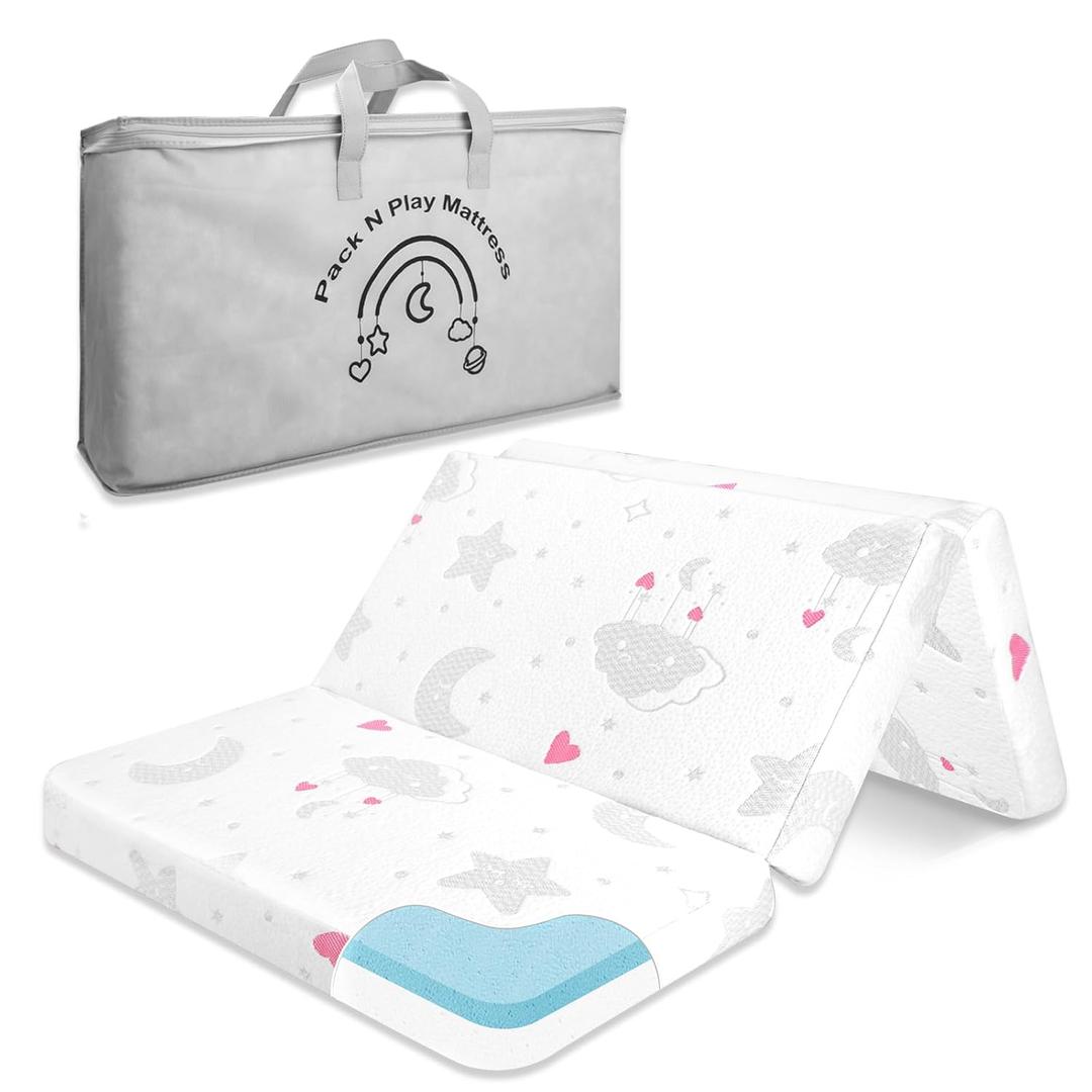 Trifold Pack and Play Mattress - 38"x26" Dual-Sided Memory Foam Pack N Play Mattresses Pad - Foldable Portable Travel Baby Crib Mattress with Breathable Removable Cover