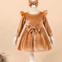 Kucnuzki Toddler Baby Girl Clothes Velvet Dress Solid Little Flower Girl Dress Princess Casual Party Dress for Girl Fall (18-24 Months, Brown)