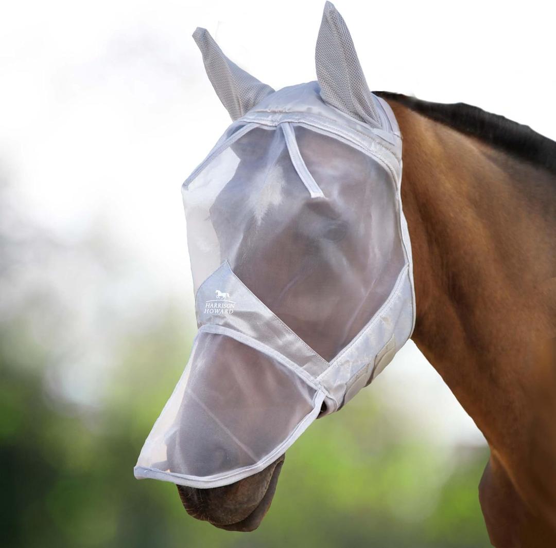 Harrison Howard CareMaster Horse Fly Mask Large Eye Space Long Nose with Ears Full Face Moonlight Silver Large Full Size