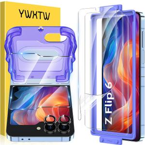 YWXTW EZ Alignment for Samsung Galaxy Z Flip 6/Z Flip 7 FE Screen Protector, [Strengthen Crease Test] 3Pcs Inner Soft EPU Film+2Pcs Front Display Tempered Glass+1 Set Camera lens Protector, Anti Scratch