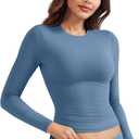 YEOREO Long Sleeve Shirts for Women y2k Tops Double Lined Basic Tee Crew Neck Going Out Sweeney Workout Undershirt (X-Small, Haze Blue)