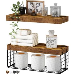 QEEIG Bathroom Shelves Over Toilet - Wall Mounted Floating Shelves Toilet Paper Storage Small Farmhouse Decor Shelf 16 inch Set of 2, Rustic Brown