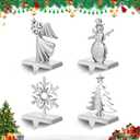 Set of 4 Christmas Stocking Holders for Mantle, Angel Snowflake Snowman Tree 3D Silver Sturdy Stocking Hangers, Vintage Metal Standing Stocking Hook Non Slip for Fireplace Counter Window Decoration