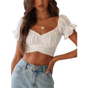 LYANER Women's Cute Ruffle Puff Short Sleeve Tie Back Crop Top Off The Shoulder Cropped Blouse White Small