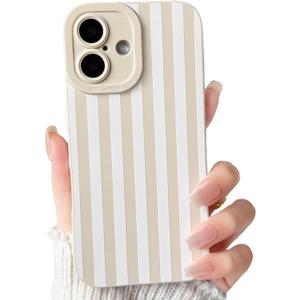 NITITOP Compatible with iPhone 16 Case Cute Stylish Line Stripe Pattern Design for Women Girls Soft TPU Shockproof Full Camera Protective Phone Cover - White