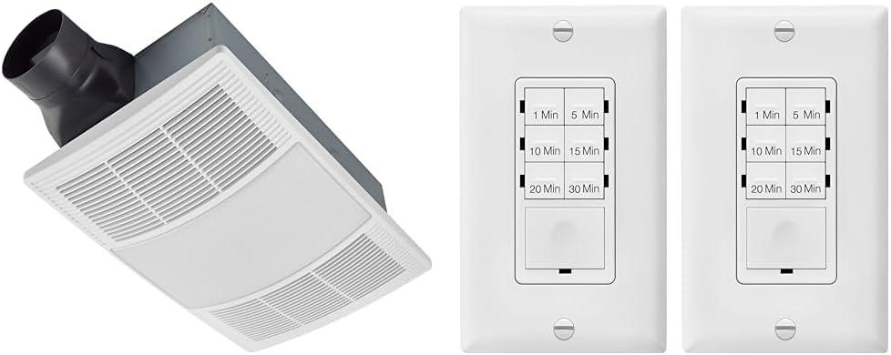 Broan-NuTone 110 CFM Bathroom Exhaust Fan, Heater & LED Light Combo Bundle with ENERLITES Countdown Timer Switch, 1-30 Min Settings, Blue LED, 2 Pack