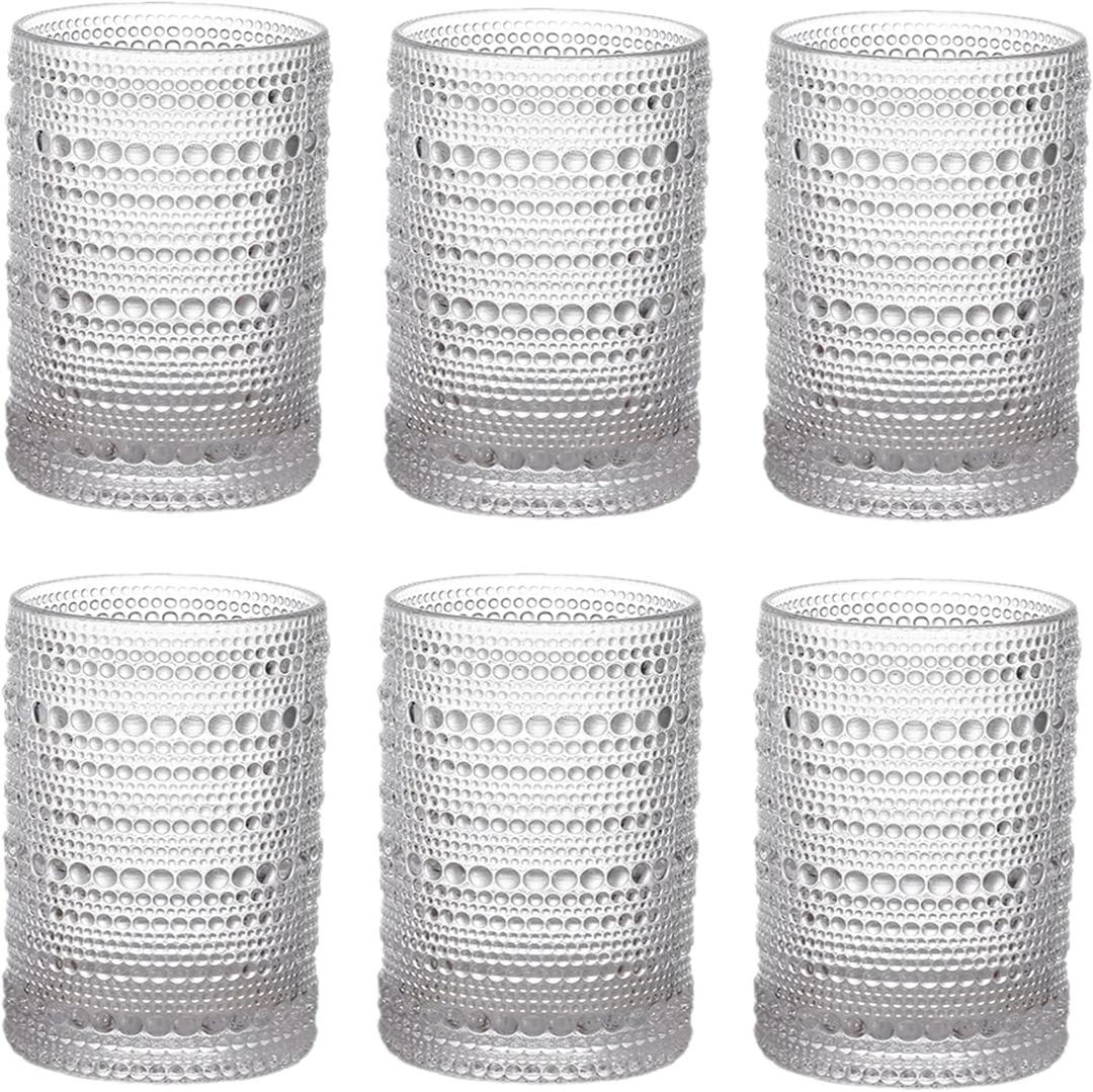 ZOOFOX Set of 6 Vintage Drinking Glasses, 13 oz Clear Hobnail Glasses Tumbler, Embossed Design Glassware for Beverages, Water, Juice, Beer, Cocktail, Whiskey and Milk