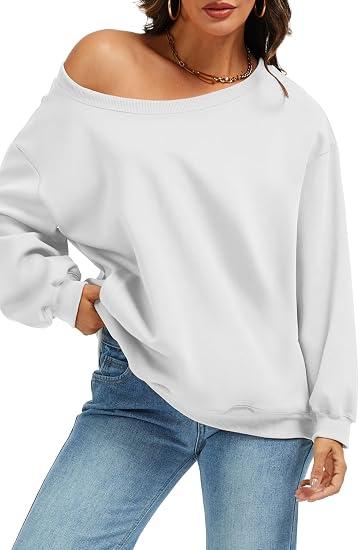 ELLEVEN Off The Shoulder Sweatshirt for Women Trendy Casual Long Sleeve One Shoulder Tops with Pockets Sexy Crewneck Pullover Slouchy Fall Outfits White X-Large