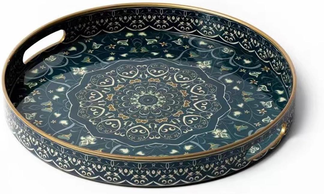 Round Serving Tray with Handles - Large Round Ottoman Tray Coffee Table Tray,Plastic Decorative Serving Trays for Coffee Table,Round Boho Tray for Ottoman Living Room