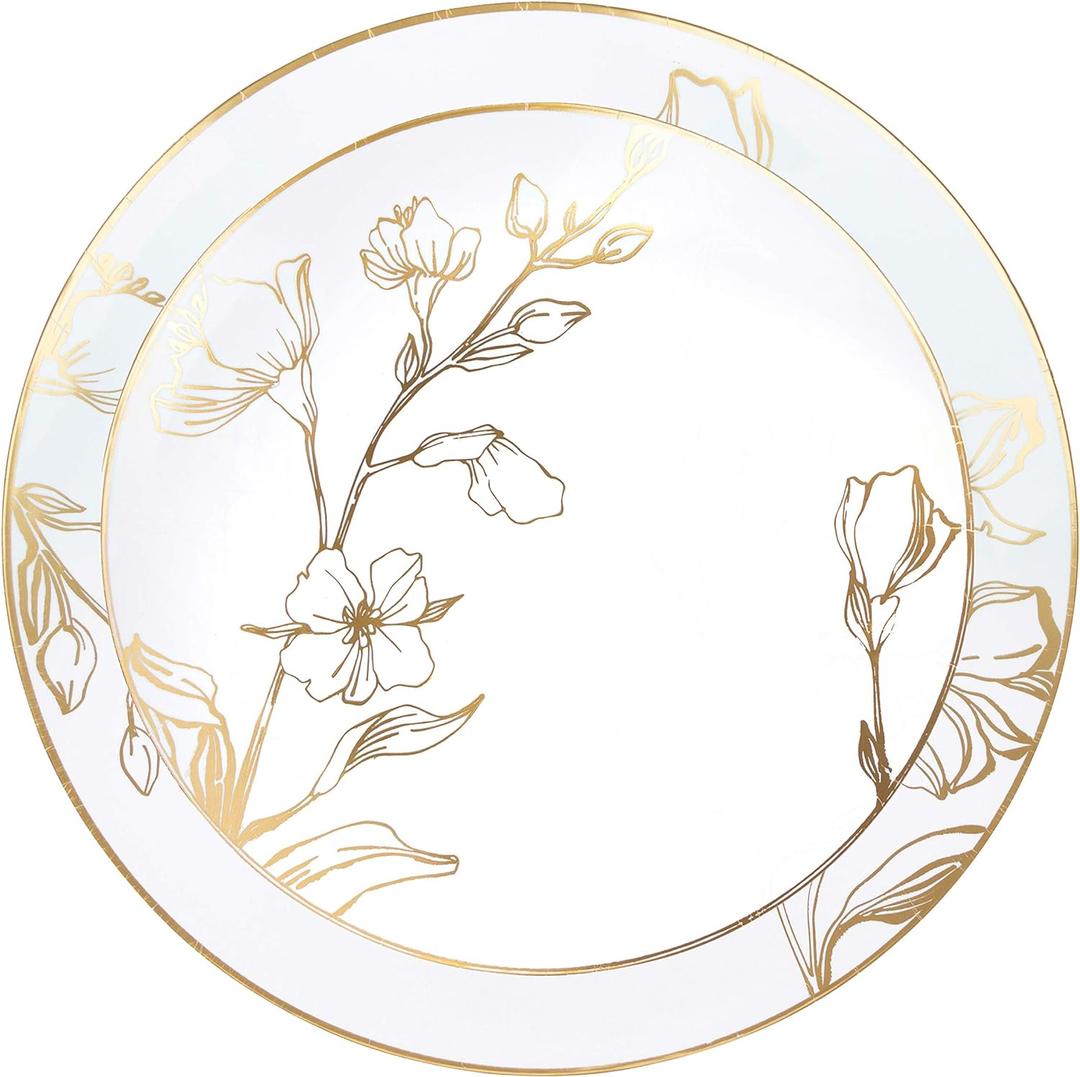 PLASTICPRO 32 Piece Combo Plates Set includes 16-7'' inch Plates & 16-10'' inch Plate White Plastic Floral Design Party With Gold Rim, Premium heavyweight Elegant,Dishes,