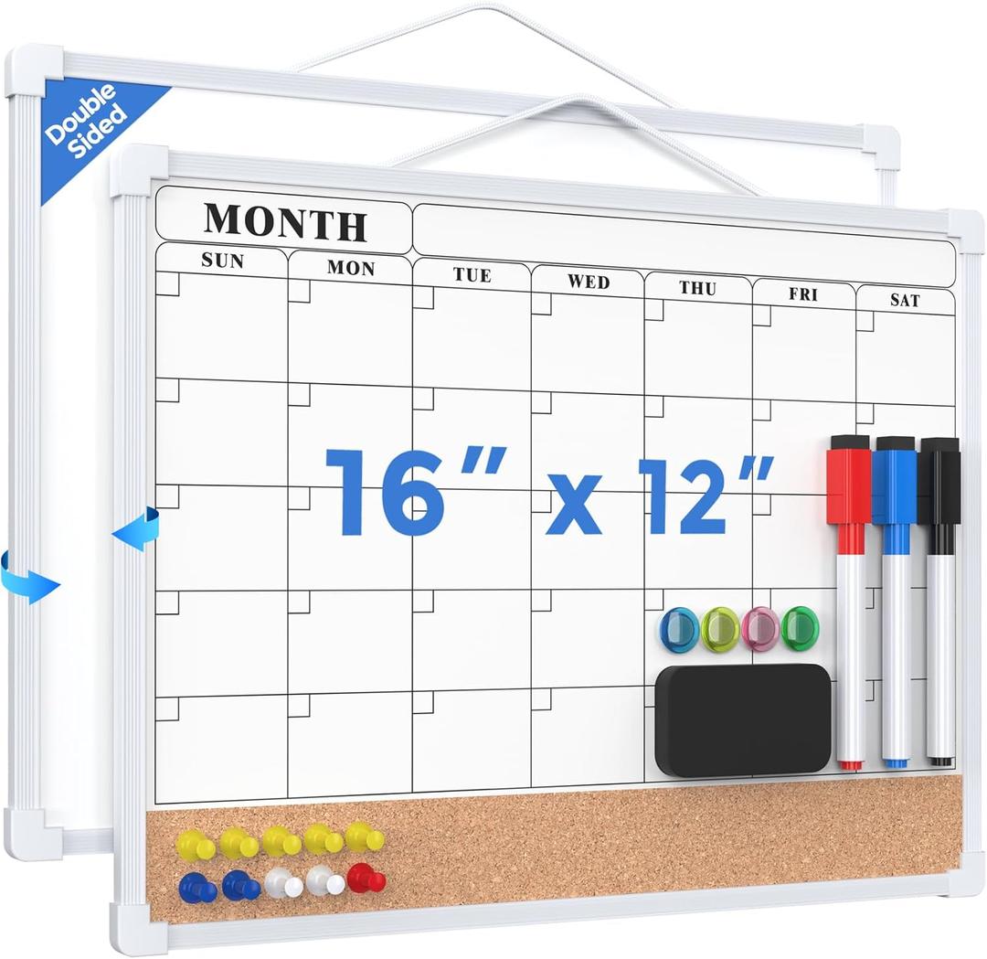 MaxGear Monthly Calendar Whiteboard Dry Erase Cork Board for Wall, 16"x12" Double-Sided Dry Erase White Board Calendar with Bulletin Board, Hanging Dry Erase Board for Office, Home, School