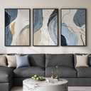 Large Framed Abstract Wall Art for Living Room, Set of 3 Modern Canvas Artwork for Wall, Blue Gray Minimalist Prints Paintings for Bedroom Hallway Office Wall Decor, 24 x 36 Inch