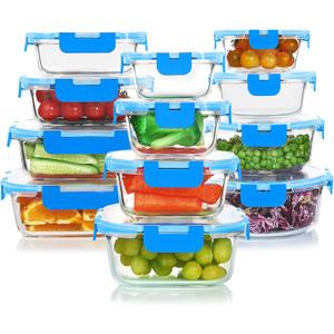 KOMUEE 24 Pieces Glass Food Storage Containers Set,Glass Meal Prep Containers, BPA-Free Airtight Glass Storage Containers with lids,Freezer, Microwave and Oven Safe,Blue