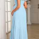 Pinup Fashion Maternity Photoshoot Dress - Baby Shower Pregnancy Summer Casual Textured Smocked Maxi Dresses (Blue) L