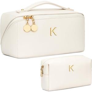Birthday Gifts for Women Teen Girl, Personalized Initial Makeup Organizer Bag Set, Open Flat Travel Cosmetic Bag With Clear Divider and Handle(Beige,K)