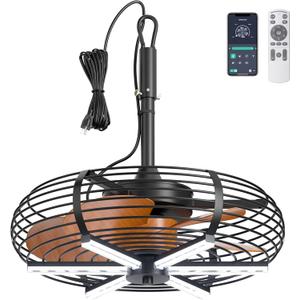 Coolbull 20'' Outdoor Ceiling Fan with Light, Wet Rated Gazebo Fan, Plug in Ceiling Fan, Hanging with Hook, Remote&APP, 6 Speeds, with Wood Blades