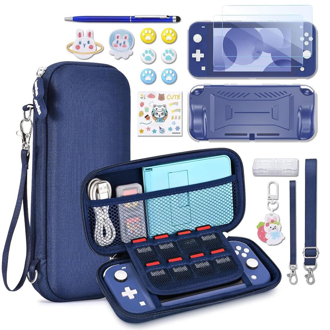 innoAura Switch Lite Case 18-in-1 Accessories Bundle for NS Switch Lite (2019), with Protective Carrying Case, Game Holder, Screen Protector & Cute Thumb Grips, Blue