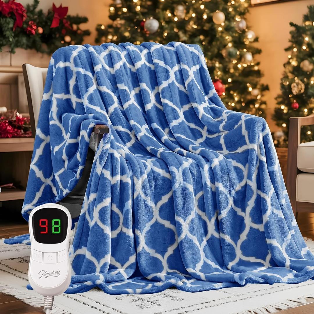 Homemate Heated Blanket Electric Throw - 50x60 Heating Blanket with 10 Fast Heat Levels 8 Hours Auto Off Soft Cozy Flannel Over-Heated Protection ETL Certification Keep Warming in Home (Blue Geometry)