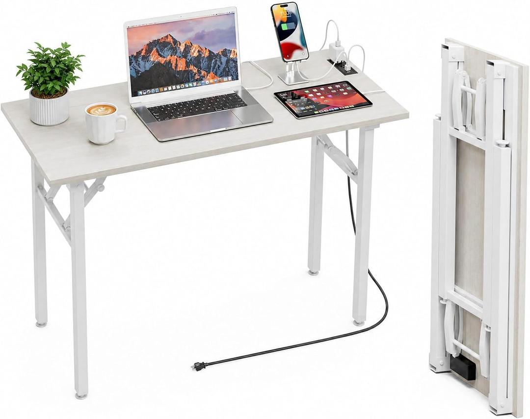 Folding Table Computer Desk - 43.3" No Assembly Folding Desk with Power Outlets & USB Charging Port, Small Desk, Foldable Office Desk, Compact Storage Portable Use for Small Space, White Ash