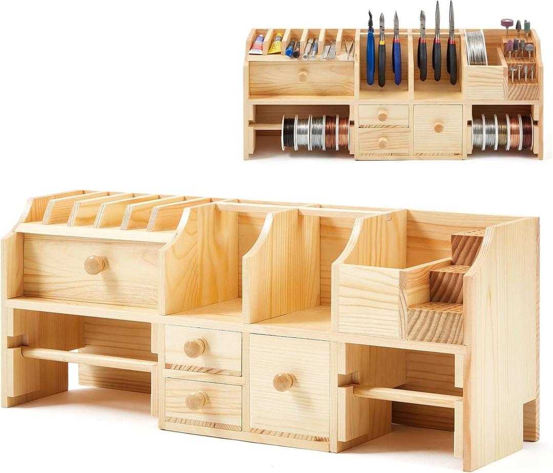Novabright Wooden Bench Top Tool Organizer, 18.4 x 7.3 x 4.6 Inch Jewelers Bench Workbench Organizer Repair Screwdriver Storage Holder for Hand Tool Pliers Files Spools of Wire Cord Accessories