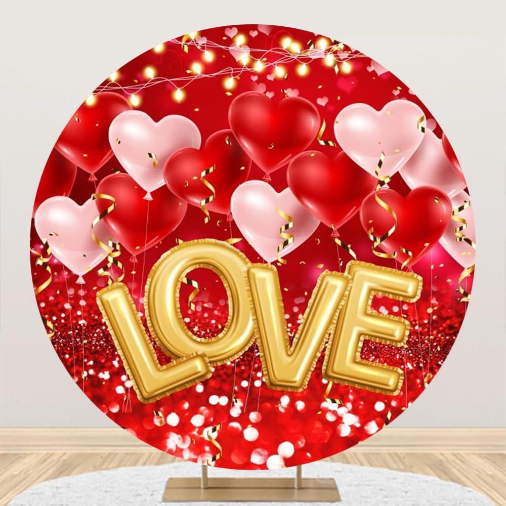 Valentine's Round Backdrop Cover Red Glitter Heart Balloons Love Lights Sweethearts Romantic Lover Photography Background Wedding Anniversary Party Banner Party Props 7.2ft