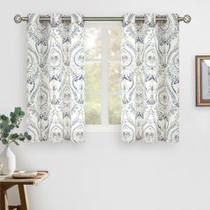 LAMIT Cafe Linen Curtains 45 inch Length for Small Windows, Light Filtering Semi Sheer Linen Curtains Grommet Vintage Damask Flower Pattern Drapes for Kitchen, 2 Panels, 34 x 45 Inch, Greyish Blue