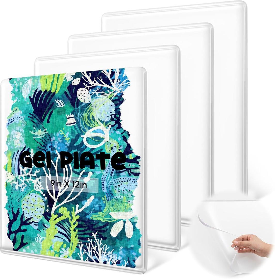 Threlaco 4 Packs Large Gel Printing Plates, 9'' x 12'' Reusable Gel Printing Plate, Printmaking Supplies Art for Card Making, Scrapbooking, Printmaking, Paper Crafts, Monoprinting at Home