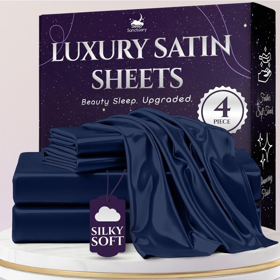 SLEEP SANCTUARY Satin Sheets Queen Size  4 Piece Luxury Silky Bed Set, Softer Than Silk, 15" Deep Pocket, Cooling & Wrinkle-Free, Moisture-Wicking & Breathable for Hair & Skin (Navy Blue)