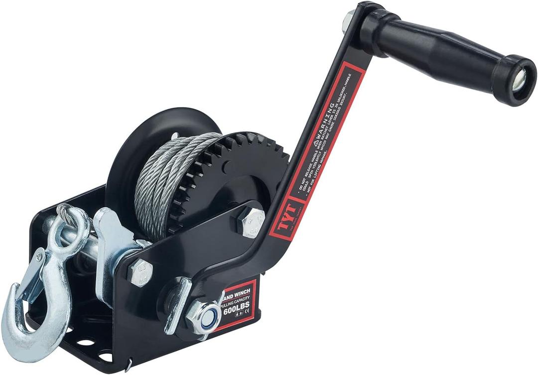 TYT 600LB Boat Trailer Winch with 6M Steel Wire, Hardened Steel Gear Heavy Duty Hand Winch, Operated Two-Way Ratchet Cable Winch, Ratio 3.2:1 Crank Small Winch for ATV UTV Marine Jet Ski Trailer Winch