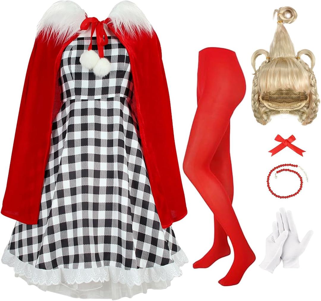 7Pack Christmas Red Costume Kids Girls Christmas Dress with Wig Long Blonde Braid with Red Beads Necklace Bow (2XL/11-12Y)