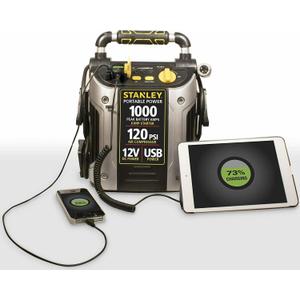 STANLEY J5C09 1000 Peak Amp Automotive Jump Starter, Portable Power – 2.1A/10W USB Port, 12V Outlet, 120 PSI Air Compressor for Tires, Bikes & Sports Equipment
