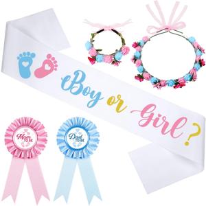 Riceshoot Boy or Girl Gender Reveal Sash Mom to Be Sash Dad to Be Pins with Flower Headband Wristband for Baby Showe Party(Boy or Girl) (Blue,Pink)