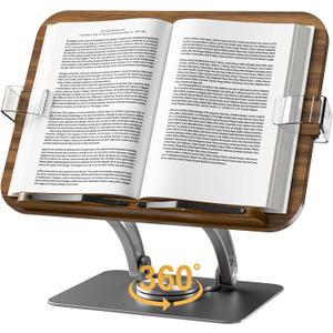 Book Stand for Reading, KVRG Adjustable Book Holder with 360 Rotating Metal Base, Foldable Cookbook Stand, Reading Hands Free with ABS Expandable Page Clips for Recipe, Textbook, Laptop-Black