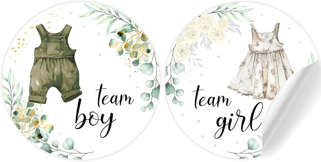 48pcs Baby Clothes Theme Gender Reveal Stickers Light Green, Team Boy or Team Girl Paper Decals Self-Adhesive Sticker Label for Gift Greeting Card, Baby Shower Party Decorations Supplies